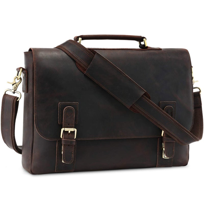 Kattee Men's Leather Satchel Briefcase, 15.6" Laptop Messenger Shoulder Bag Tote - Image 1